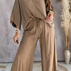  V Neck Loose Fit Top & Pants Two Piece Set