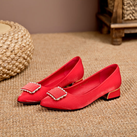 Women's Red Wedding Shoes Rhinestone Low Heels Slip On