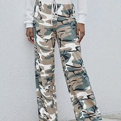 Women's Plus Camo Elastic Drawstring High Rise Wide Leg Trousers