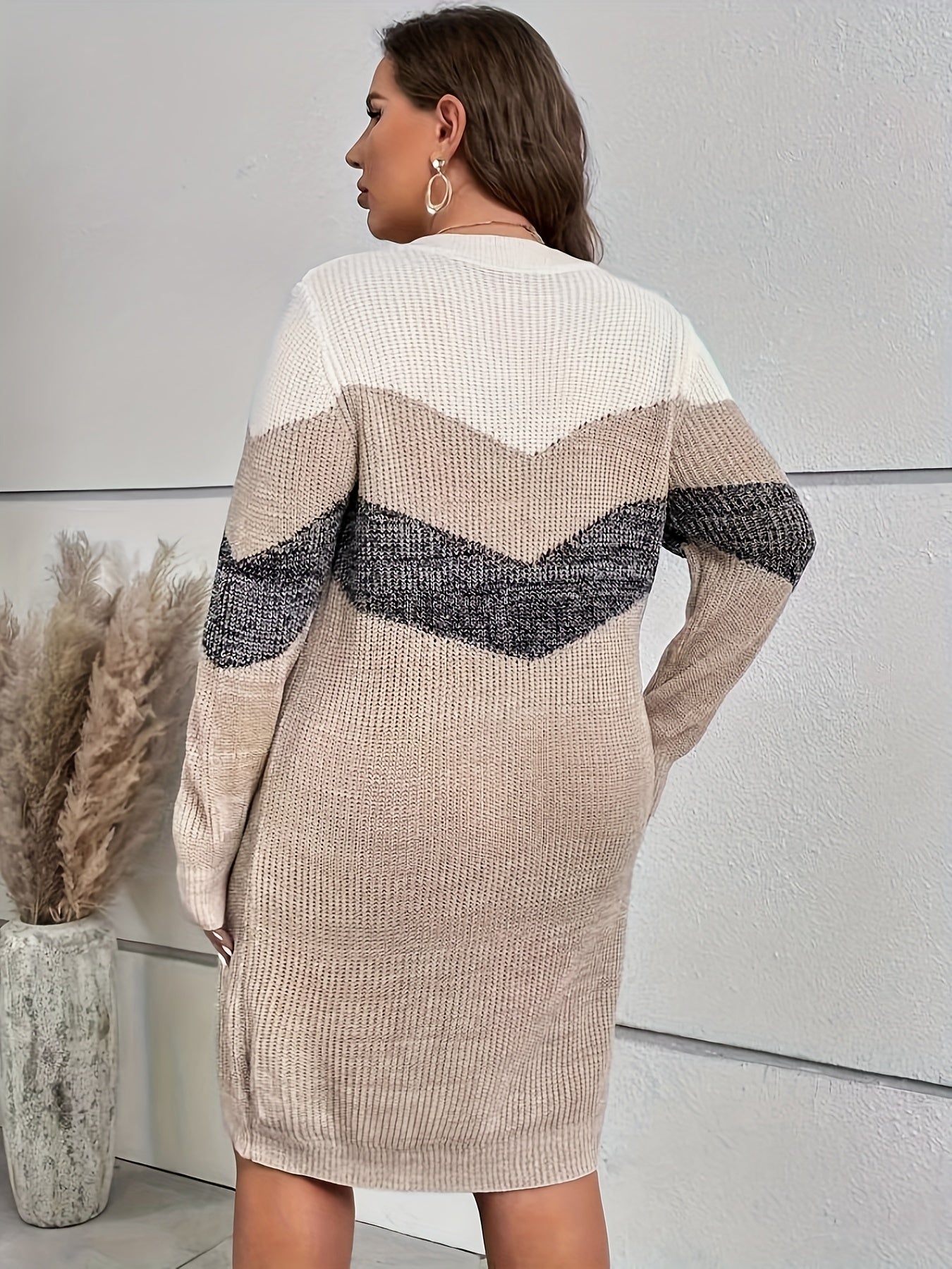  Colorblock Crew Neck Midi Sweater Dress