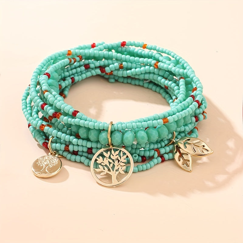 Leaf Shape Pendant Beaded Bracelet Boho Style Hand Jewelry For Women