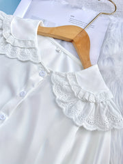 Girls Sweet Shirt Lace Fringe Collar Button Down Preppy Blouse Top