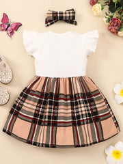 Baby Girls Block Plaid Bow knot Ruffle Sleeve Dress & Headband