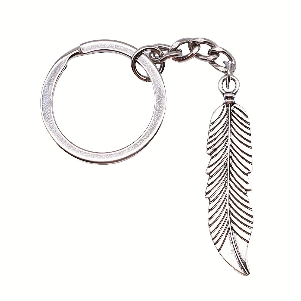 Vintage Silver Feather Pendant Keychain Metal Keyring