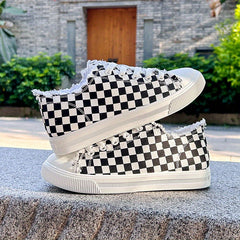 Women's Checkerboard Pattern Canvas Shoes Lace Up Low Round Toe