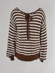  Casual Stripe Print Long Sleeve Round Neck Pullover Sweater