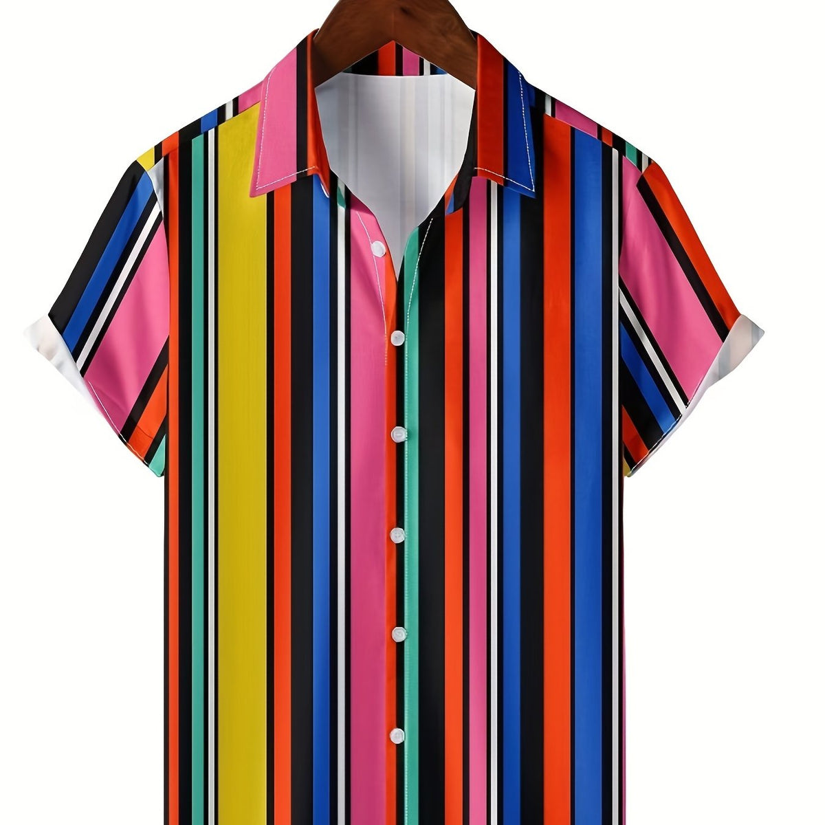 Colorful Stripes Print Men's Short Sleeve Shirt for Beach Summer