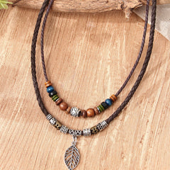 Women's PU Leaf Wooden Bead Necklace Party Jewelry Gift