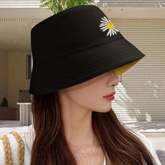 Daisy Flower Embroidery Bucket Hat Reversible Sunscreen Beach Cap Women