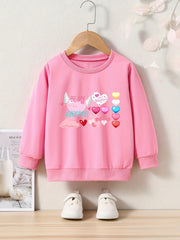 Cartoon Hearts Pattern Crew Neck Long Sleeve Sweatshirt for Girls Kids