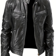 Stylish PU Biker Jacket Men's Casual Zip Up Faux Leather Jacket