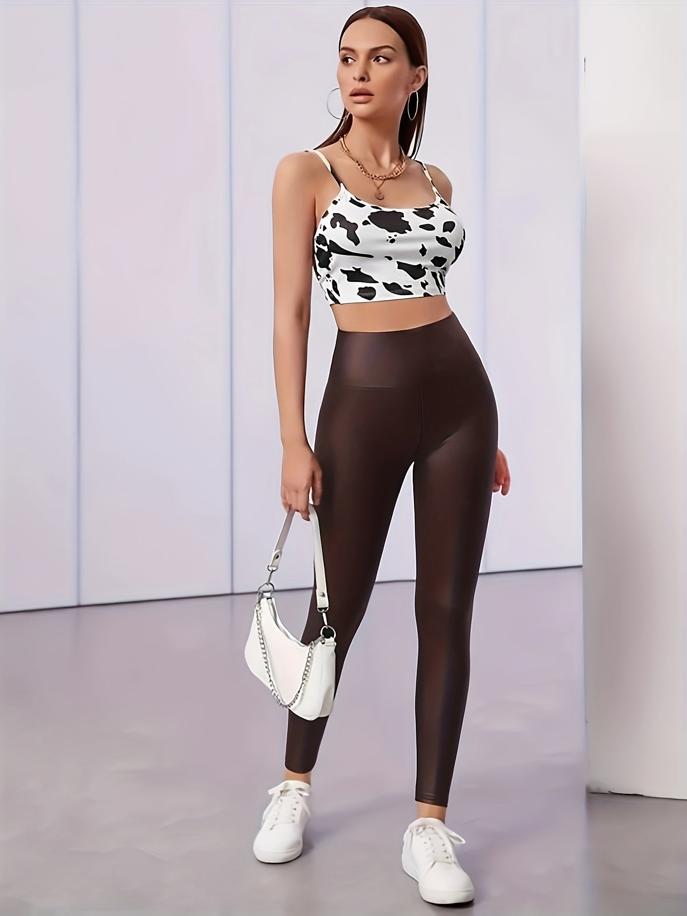 Yoga Sports Faux Leather Leggings Tummy Control Fitness Cropped Pants