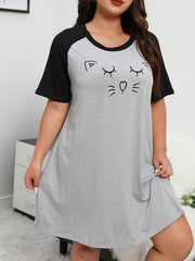  Cat Print Raglan Sleeve Nightdress
