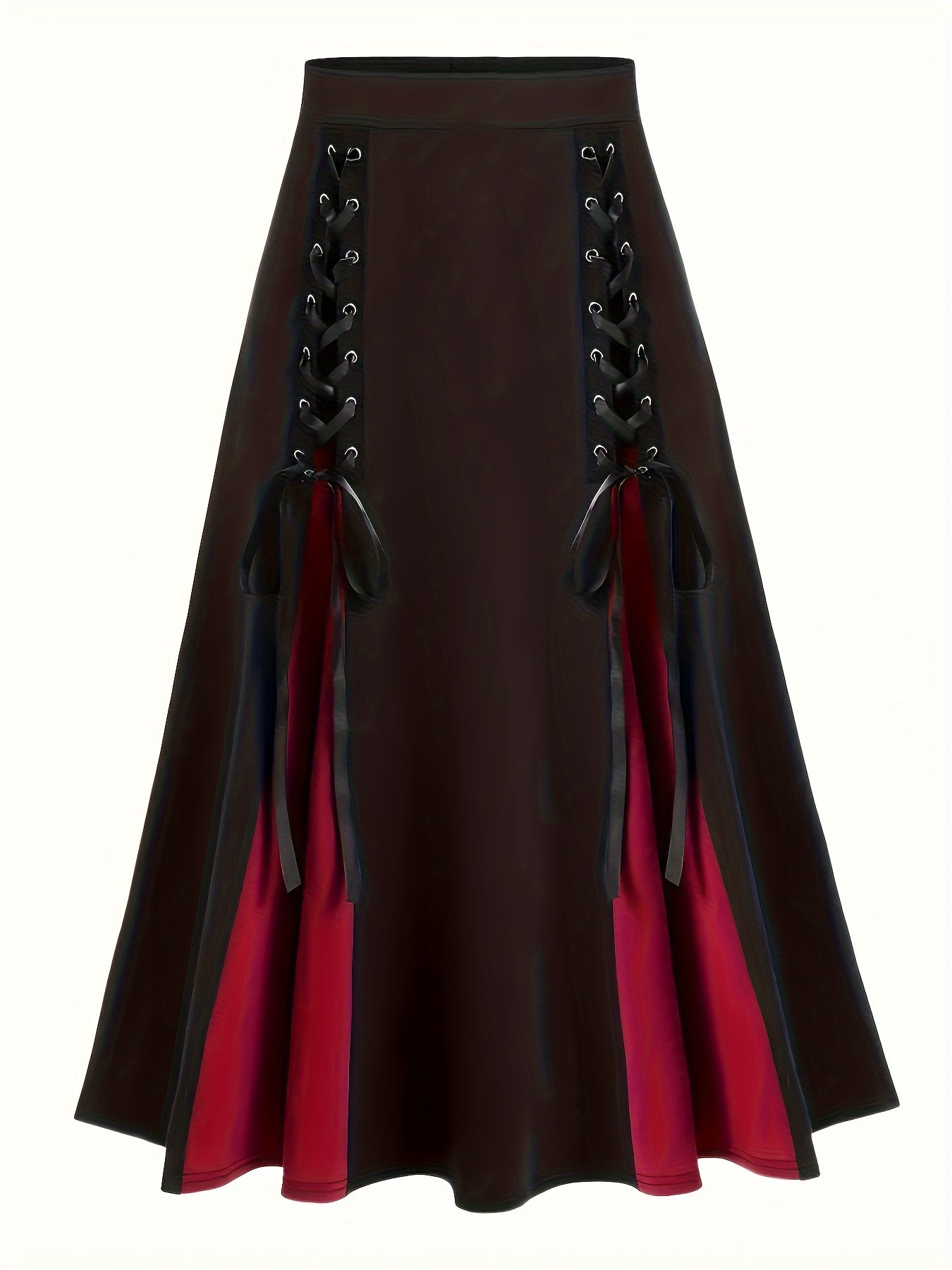  Gothic Lace Up Colorblock Maxi Skirt