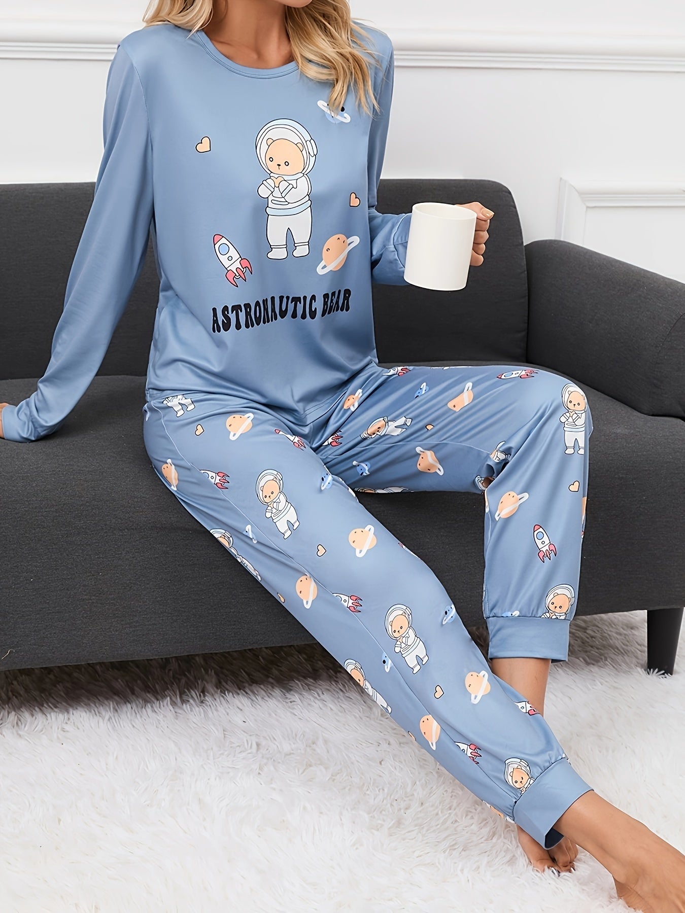 Bear Print Pajama Set Long Sleeve Top & Pants Women's Sleepwear