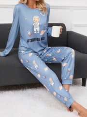 Bear Print Pajama Set Long Sleeve Top & Pants Women's Sleepwear