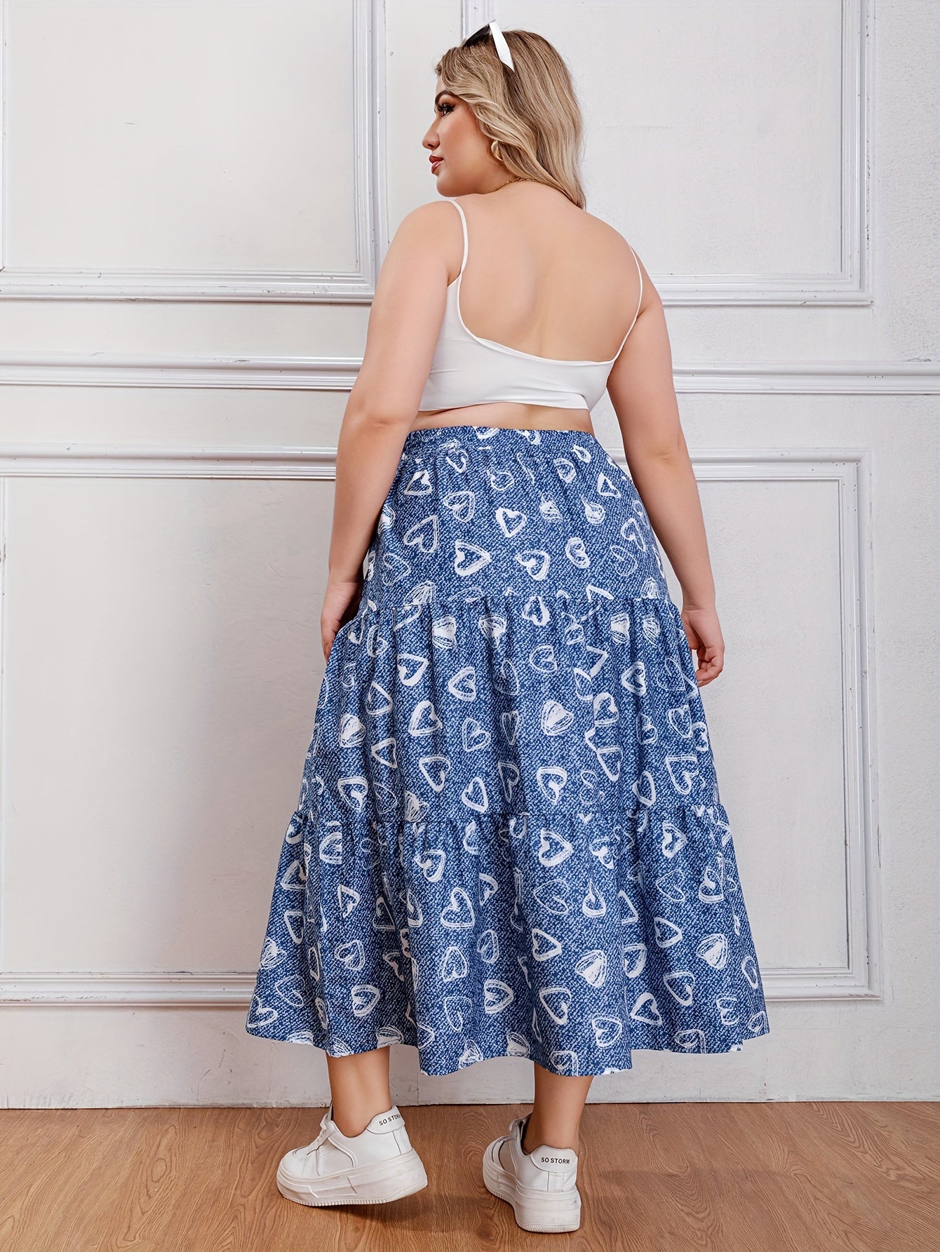  Heart & Denim Print Drawstring Maxi Skirt