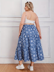  Heart & Denim Print Drawstring Maxi Skirt