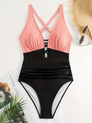  Colorblock Lace Up High Stretch One Piece Swimsuit