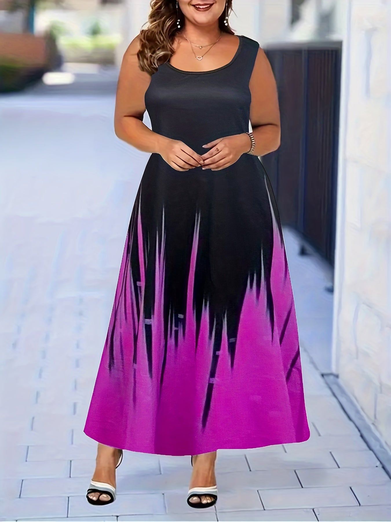  Colorblock Ombre Print Maxi Tank Dress