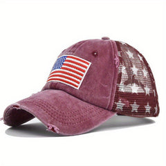 Pentagram Print Ponytail Baseball Cap Flag Embroidery Mesh