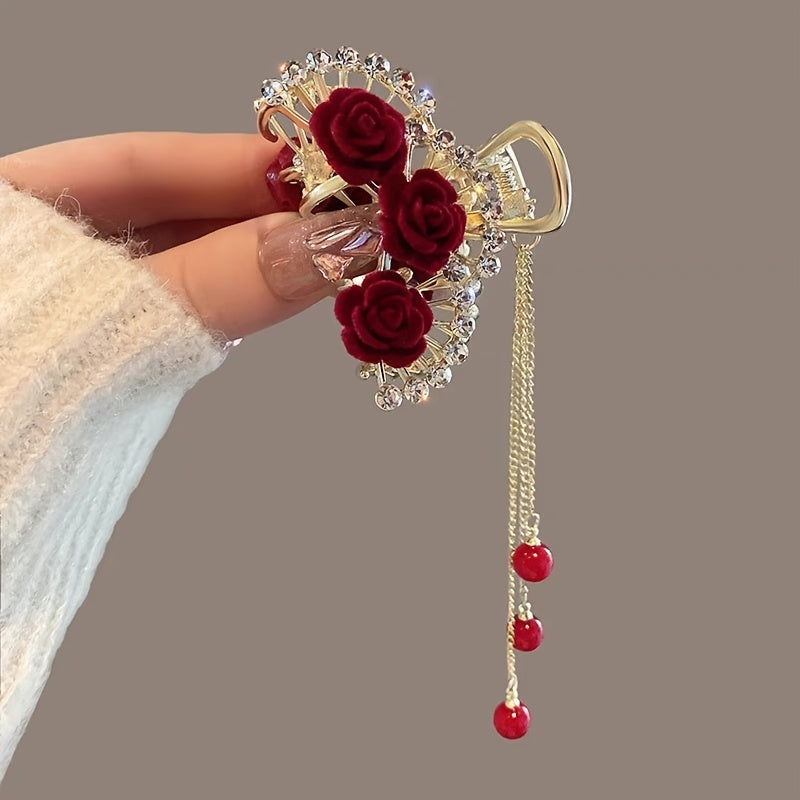 Flocked Rose Flower Hair Claw Clip Rhinestone Tassel Hair Clip