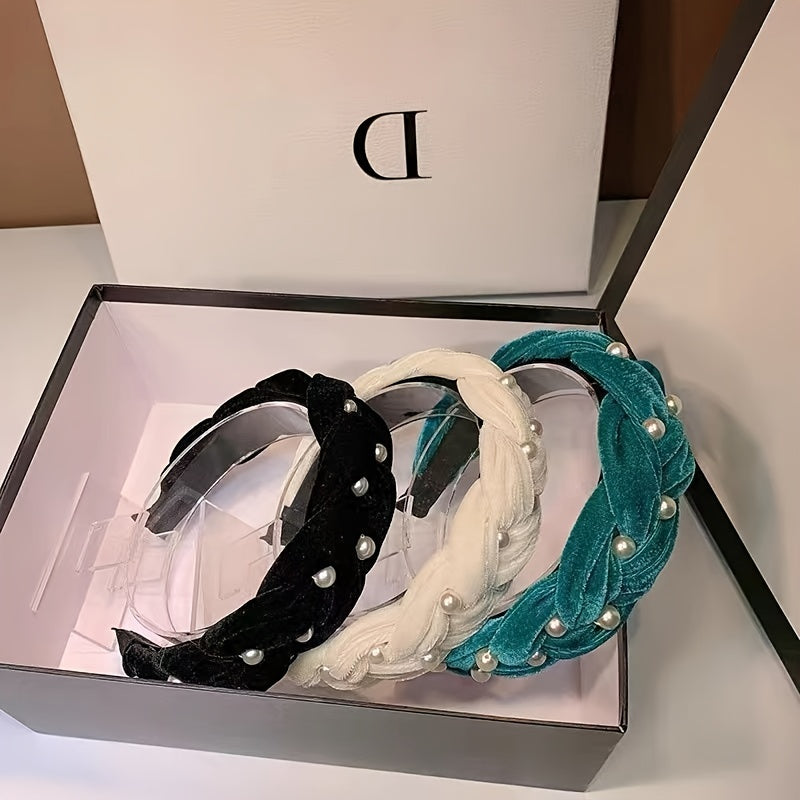 Non Slip Faux Pearl Hairband Twist Wide Velvet Solid Headband
