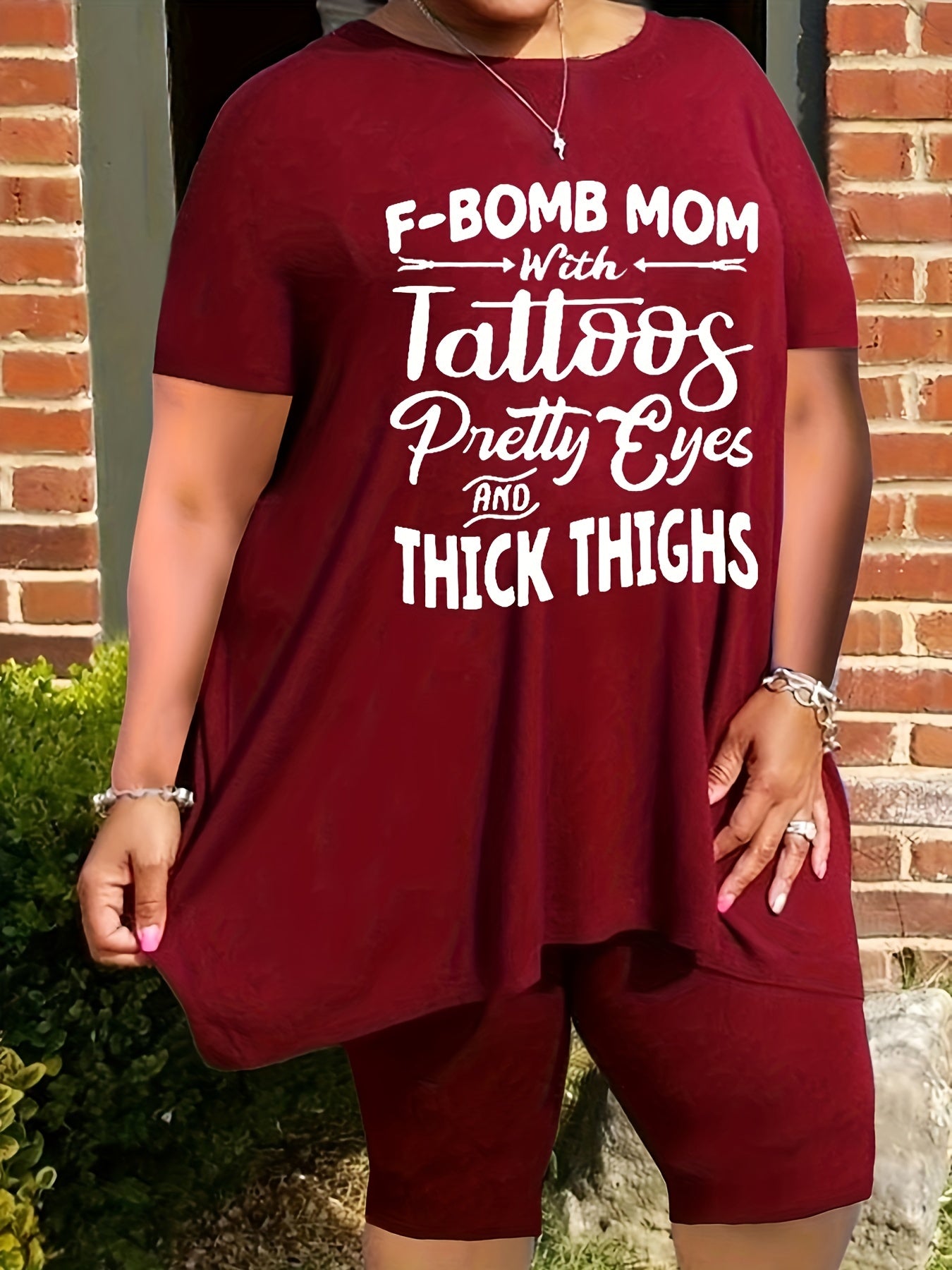  Slogan Print Tee & Shorts 2 Piece Set
