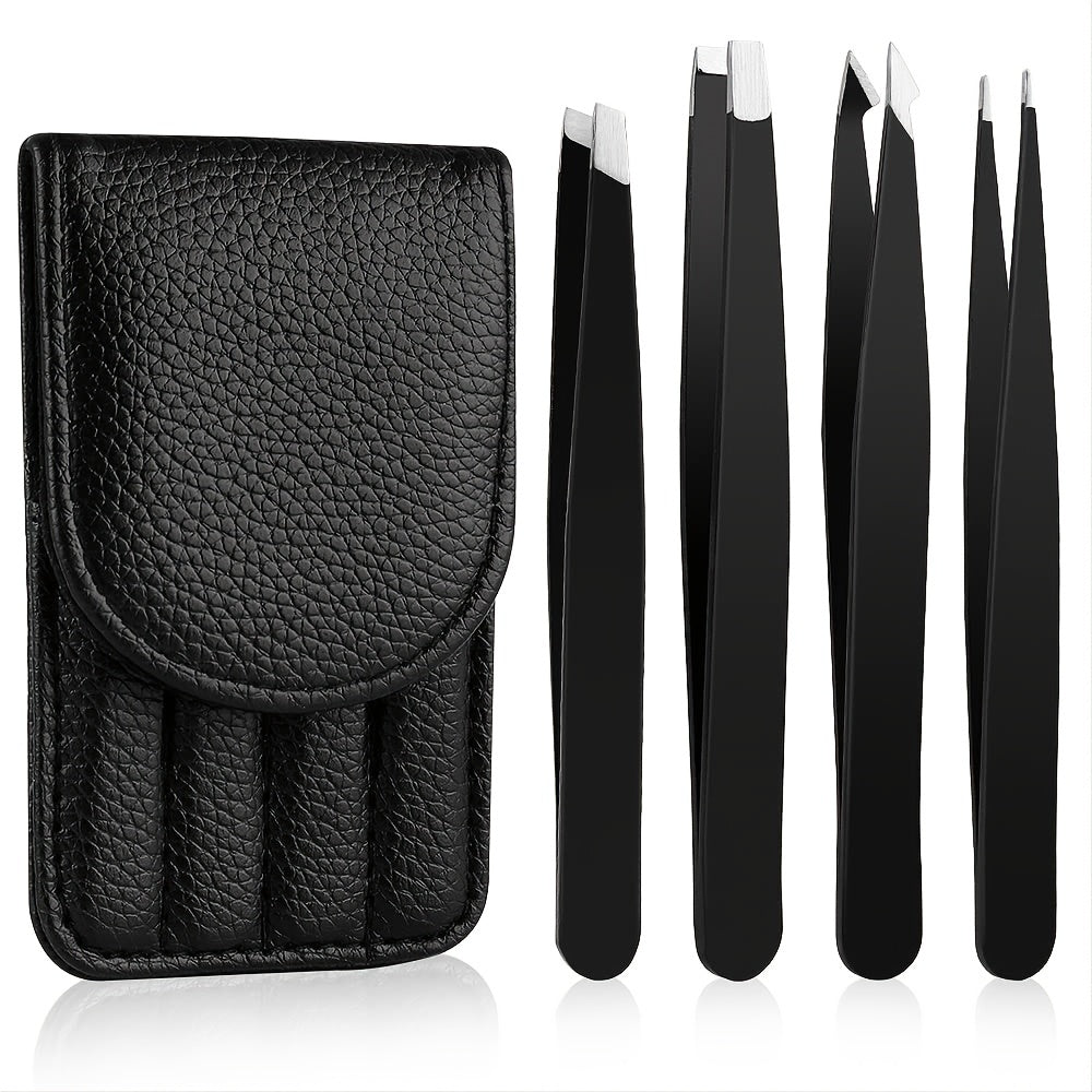 4pcs Stainless Steel Tweezers Set with Travel Case for Hair Removal