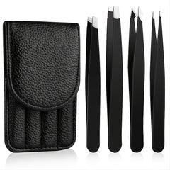 4pcs Stainless Steel Tweezers Set with Travel Case for Hair Removal