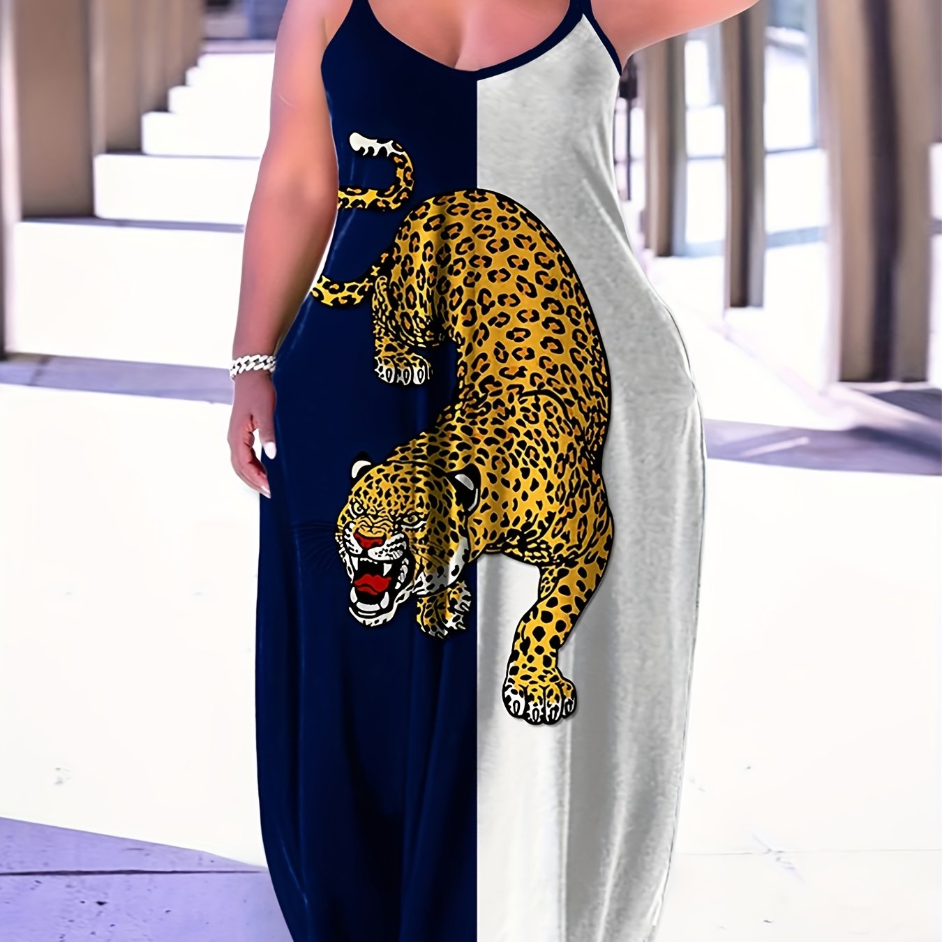 Women's Plus Leopard Print Maxi Cami Dress