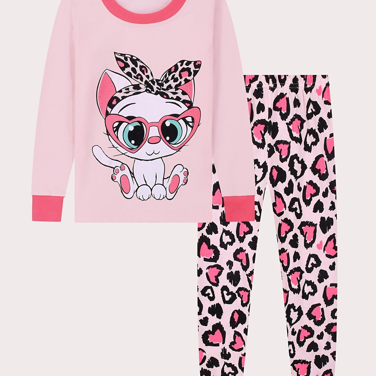 Cat Print Kids' Pajamas Set Long Sleeve Top & Leopard Pants Comfy Loungewear
