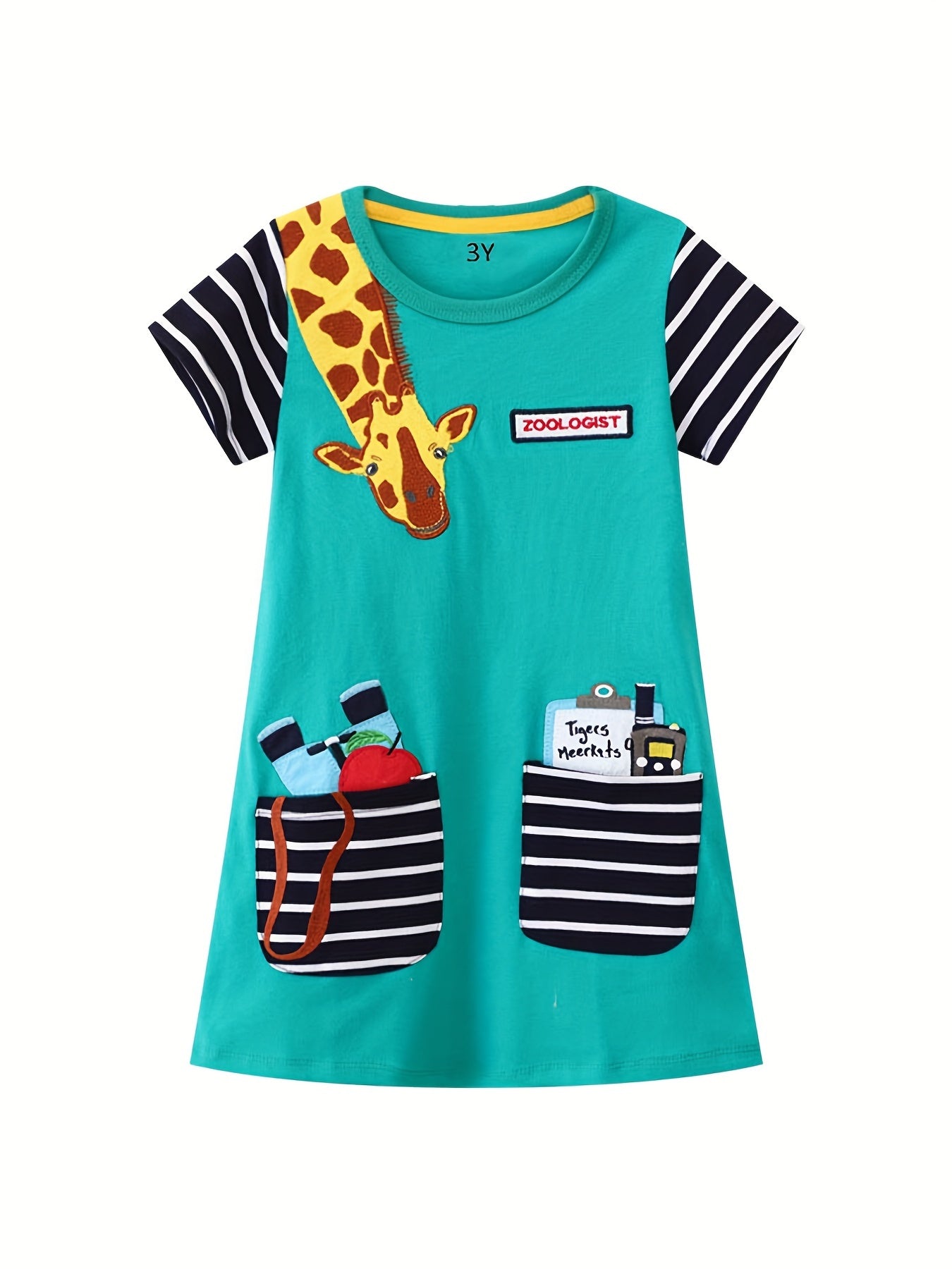 Toddler Girls Giraffe Embroidered Pocket Casual Dress
