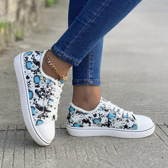 Floral Print Canvas Lace Up Sneakers Low Top Flat Walking Shoes