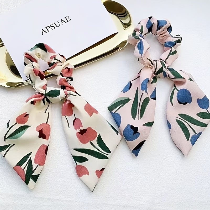 2pcs Boho Tulip Floral Print Hair Scarf Scrunchies Bow Hair Tie