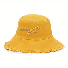 Vintage Embroidery Bucket Hat Frayed Brim Beach Sunscreen Outdoor Basin Hat