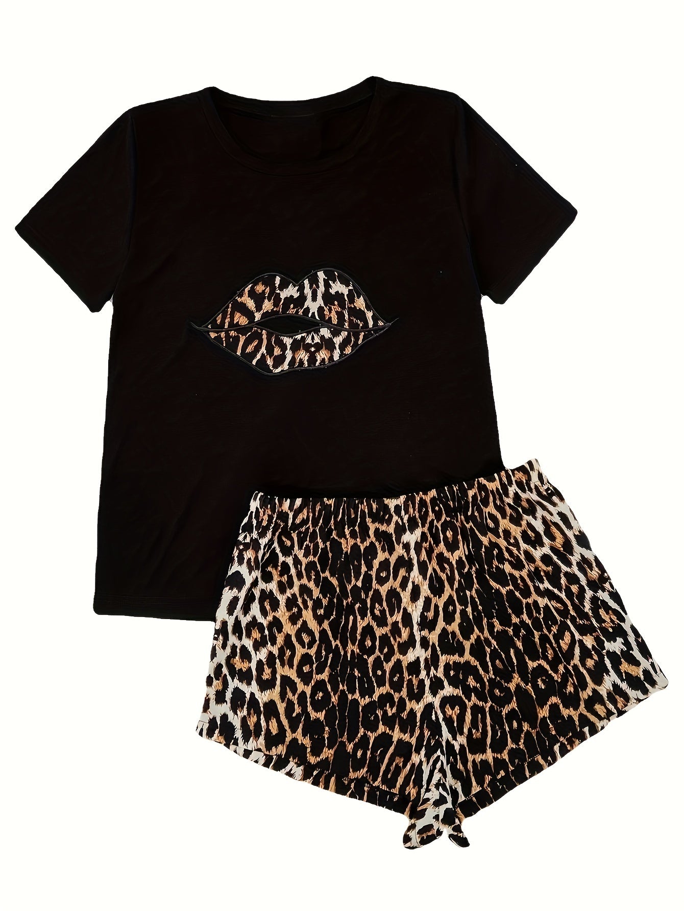 Leopard Print Lounge Set Short Sleeve Crew Neck Top & Elastic Waistband Shorts