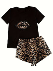 Leopard Print Lounge Set Short Sleeve Crew Neck Top & Elastic Waistband Shorts