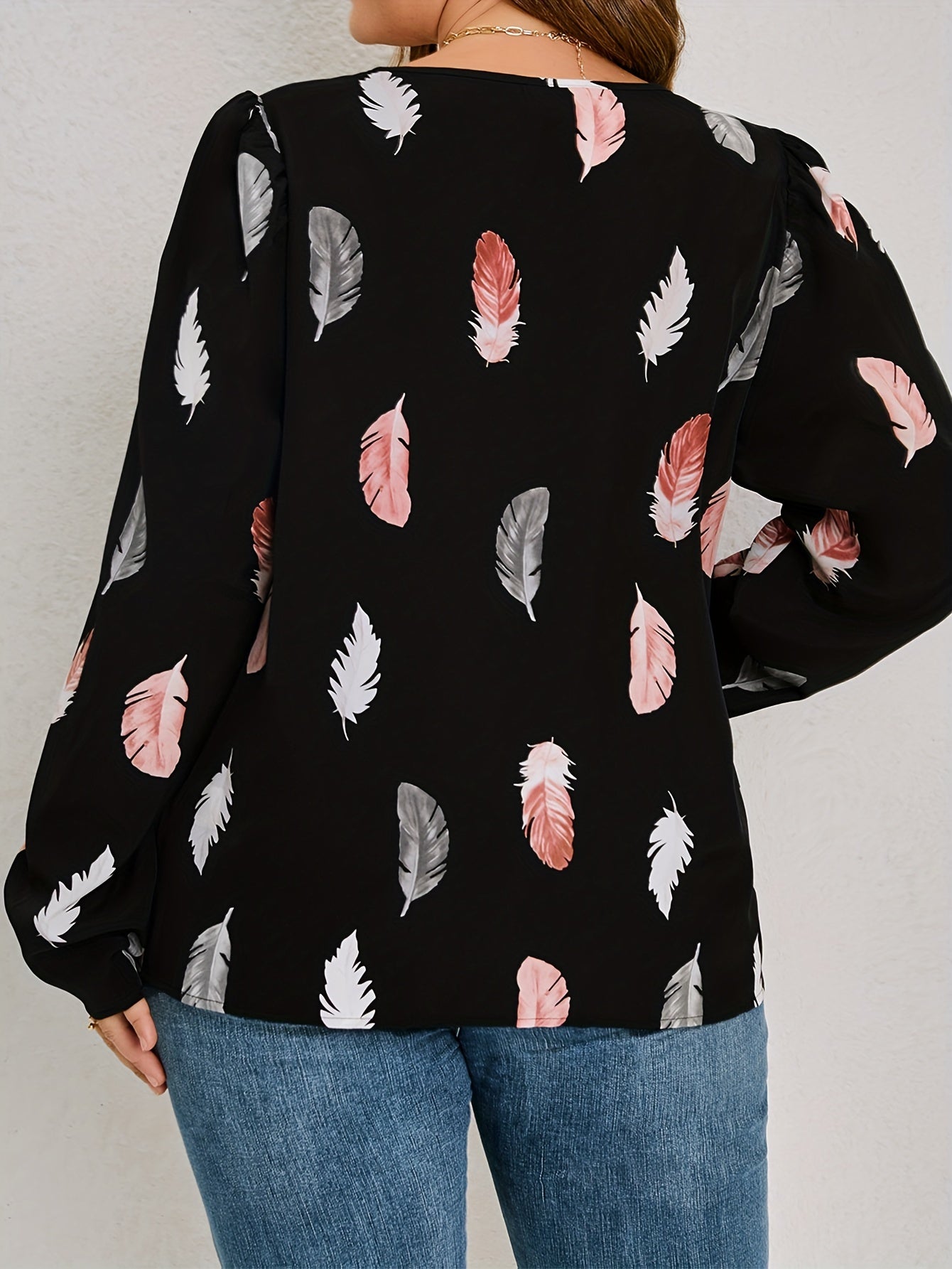  Blouse Women's Feather Print Long Sleeve V Neck Loose Top