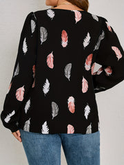  Blouse Women's Feather Print Long Sleeve V Neck Loose Top