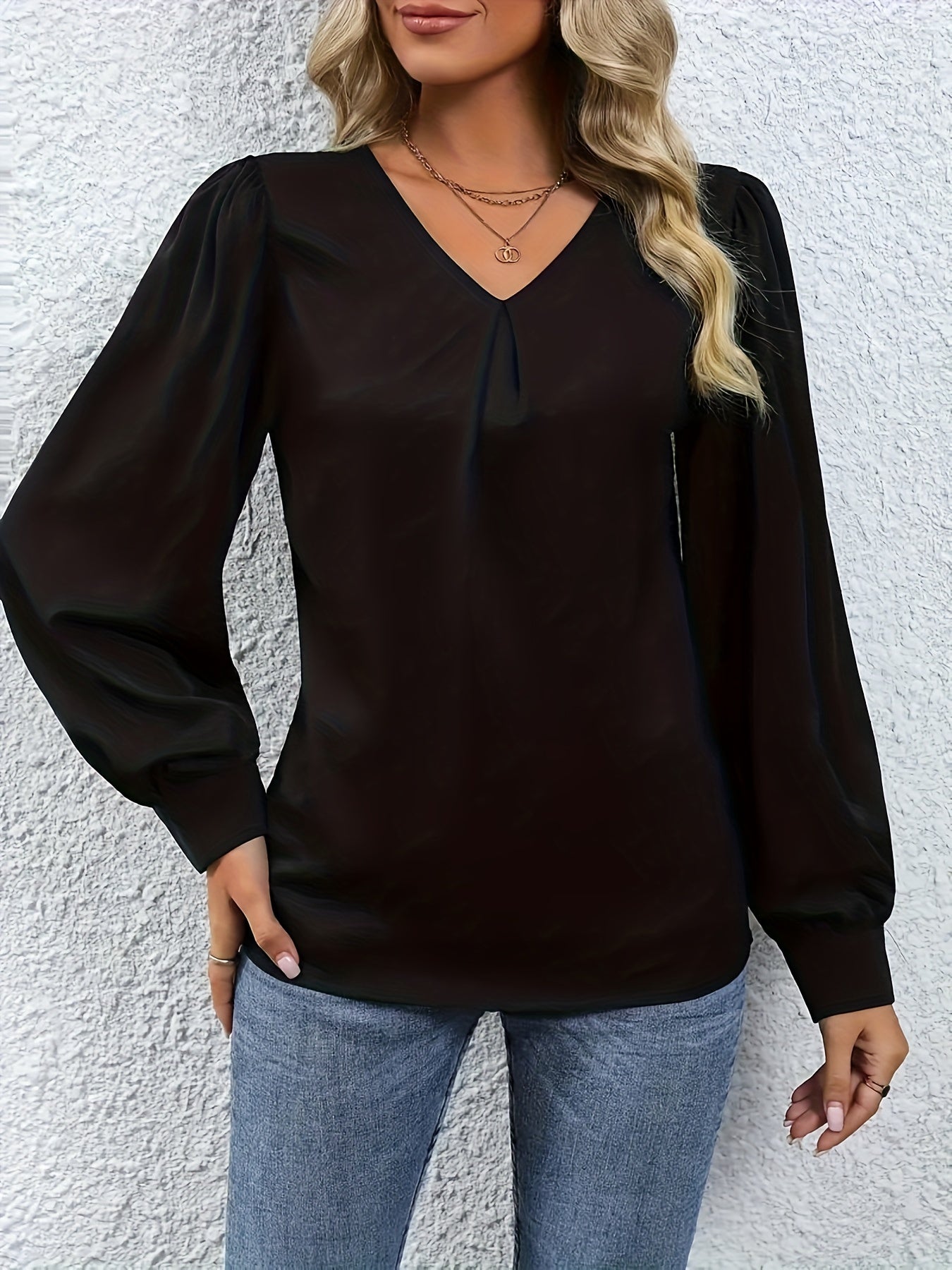  Solid Plicated Detail Long Sleeve V Neck Top