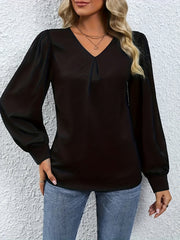  Solid Plicated Detail Long Sleeve V Neck Top