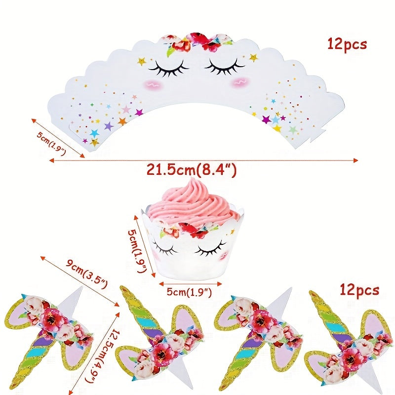 Unicorn Cup Cake Toppers & Wrappers Rainbow Liners, Girl Birthday Party Supplies