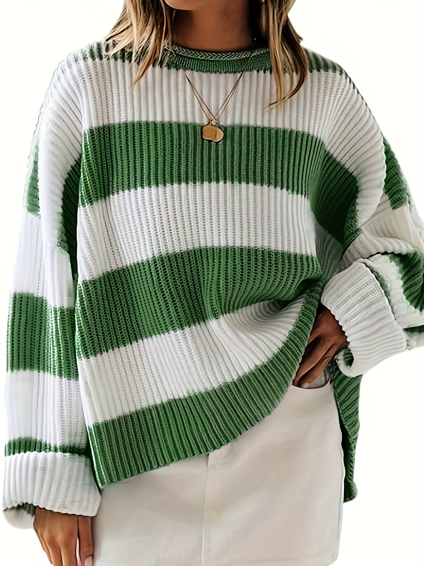  Colorblock Stripe Print Sweater Round Neck Jumper