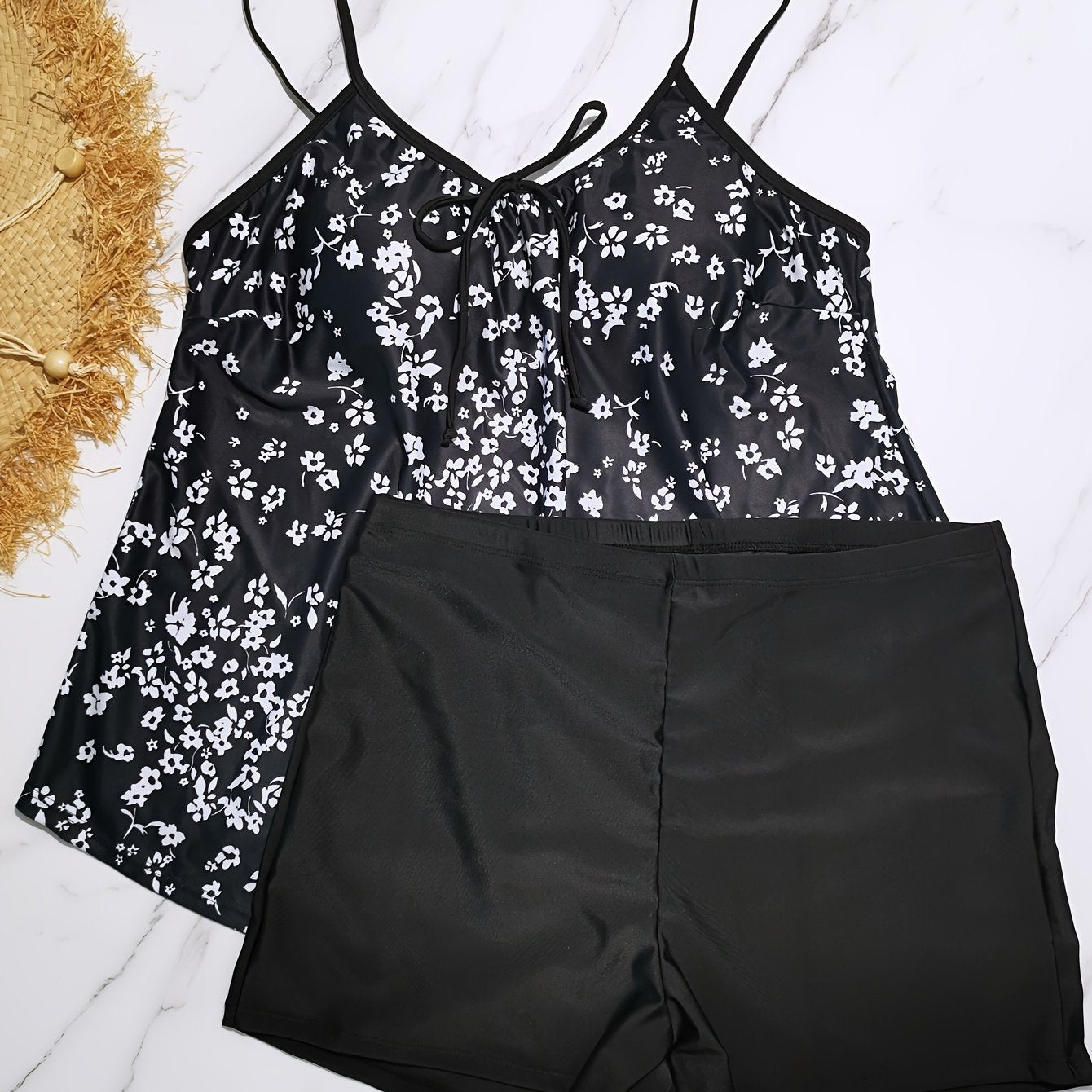  Ditsy Floral Print Tie Cami Top & Shorts Swimsuit Set