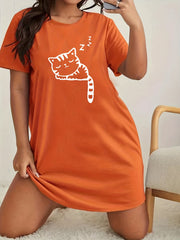  Cat Print Loungewear Dress Short Sleeve Round Neck Sleep Dress
