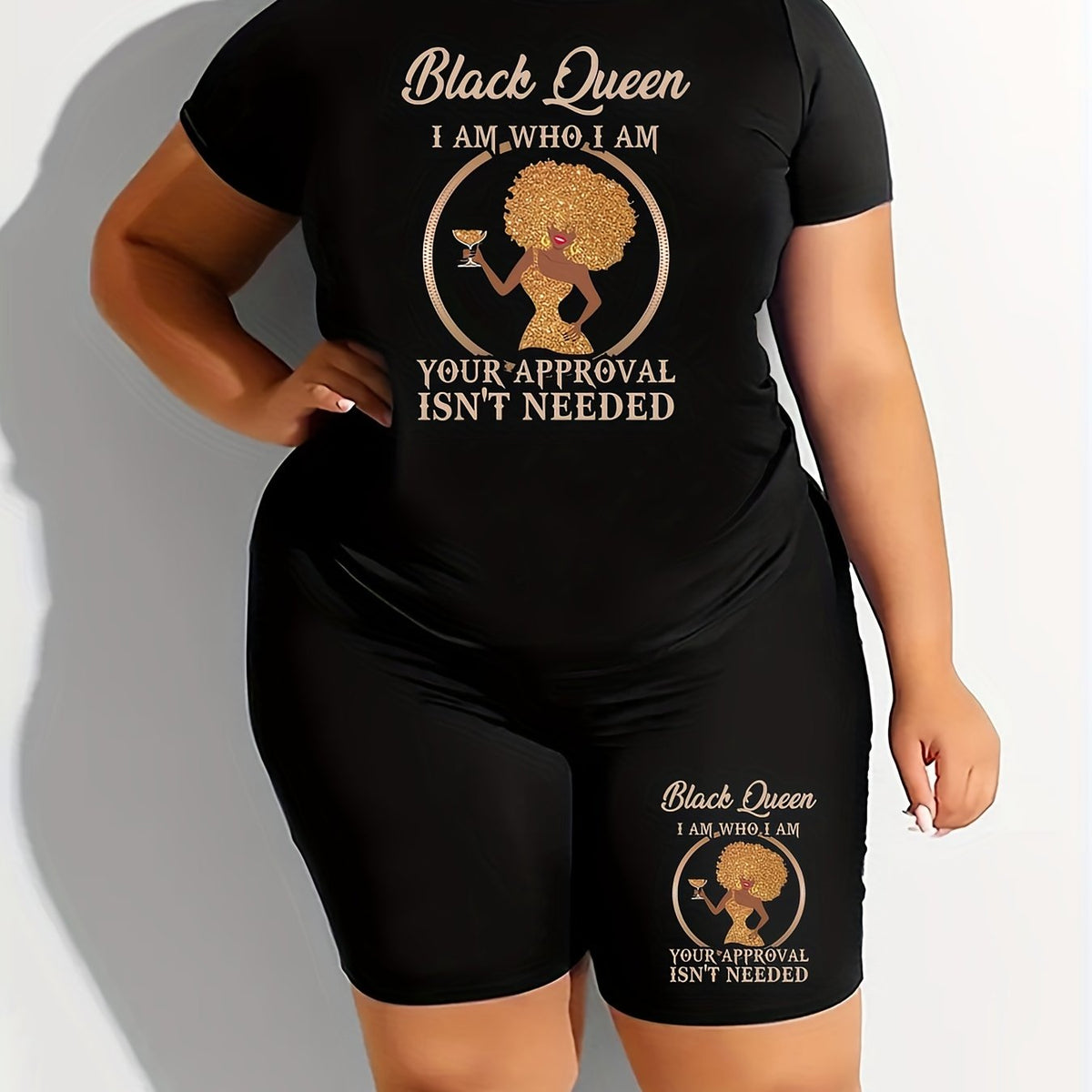  Casual 2 Piece Set Women's Plus Figure & Letter Print Tee & Shorts