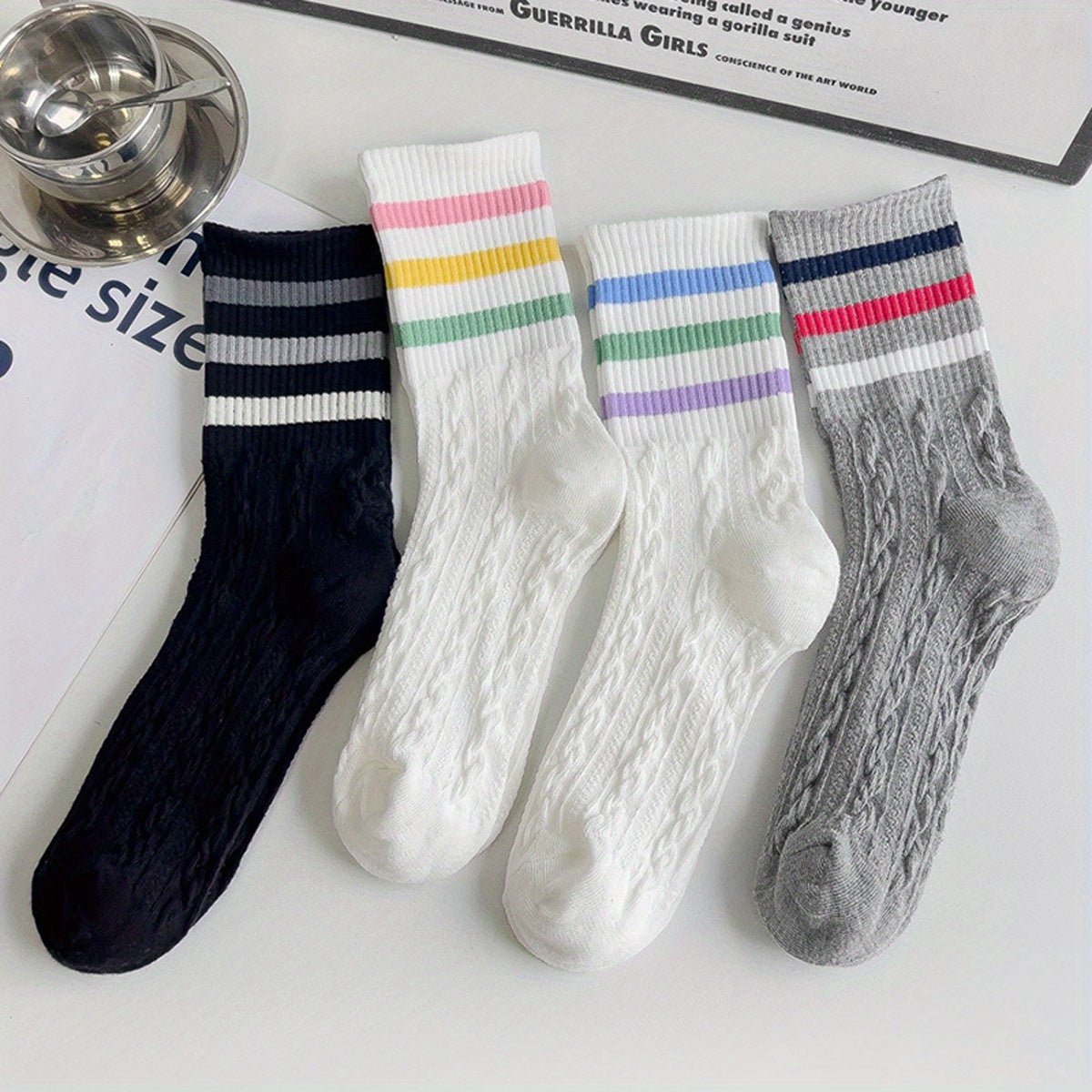 4-Pair Striped Sports Socks for Women Comfortable Mid Tube Stockings