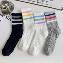 4-Pair Striped Sports Socks for Women Comfortable Mid Tube Stockings