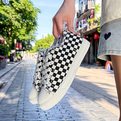Women's Checkerboard Pattern Canvas Shoes Lace Up Low Round Toe